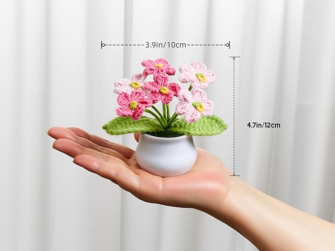 Crochet Flowers Pink Handmade Knitted Potted Flower Plants, Christmas Birthday Gifts for Coworkers Women Teacher Anniversary Thanksgiving, Cute Desk Home Office Accessories Decor