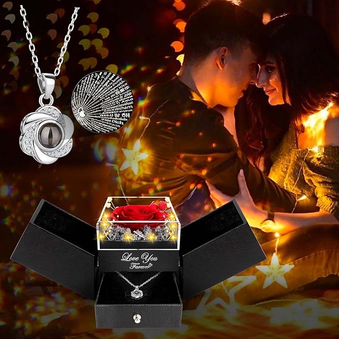 Preserved Red Real Rose-Eternal Flowers Rose Gifts for Mom Grandma Wife Girlfriend on Mothers Day Birthday Valentines Christmas Anniversary Romantic Gifts for Her with I Love You Necklace