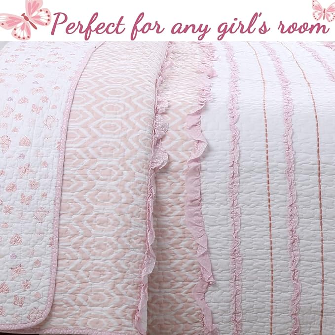 Cozy Line Home Fashions Pretty in Pink Girly Ruffle Stripped 100% Cotton Reversible Quilt Bedding Set, Coverlet, Bedspread (Pink Princess, Queen - 5 Piece: 1 Quilt + 2 Shams + 2 Decor Pillows)