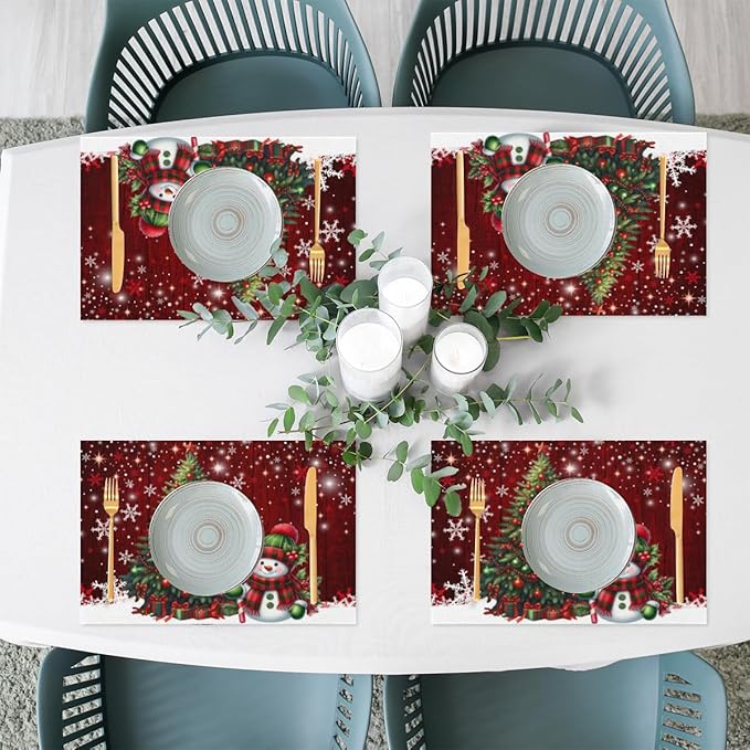Xmas Christmas Tree Snowman Red Placemats Set of 4 PVC Vinyl Non Slip Table Mats Heat Resistant Place Mats Washable Wipeable Dining Table Mat for Kitchen Decor Party Indoor Outdoor Decorative Gift