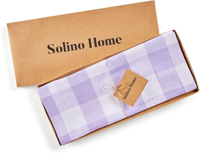 Solino Home Linen Checkered Table Runner 132 Inches Long - 100% Pure Linen Buffalo Check Misty Lavender Table Runner 14 x 132 Inch Ideal for Dining, Valentines, Spring, Easter