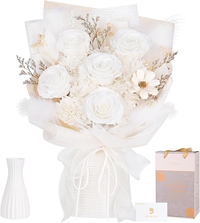 Preserved Bouquet of Flowers - 5 Roses & Flowers for Delivery, Real White Forever Flower, Eternal Roses Bouquet for Mothers, Mom, Wife Anniversary Birthday Gifts for Women