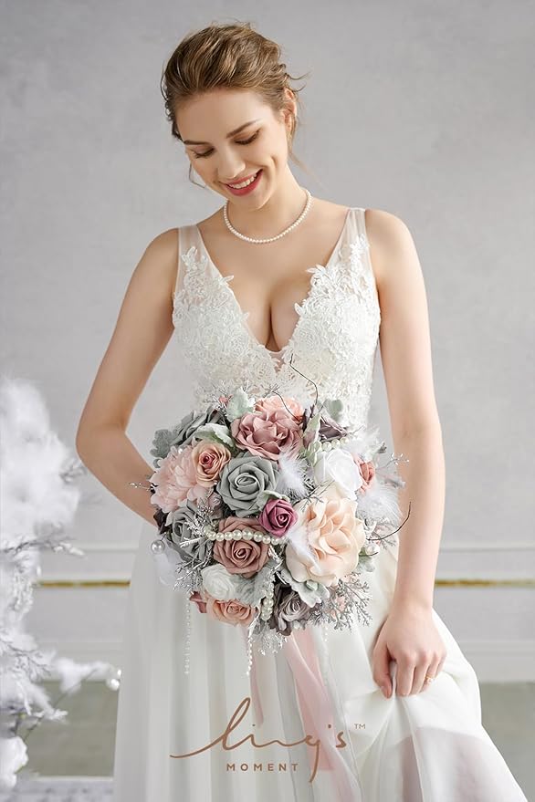 Ling's moment Artificial Flowers 25Pcs Shimmer Grey Roses Decor w/Stems,3" Real Touch DIY Foam Floral for Wedding Bouquet/Centerpieces, Outdoors Party Backdrop, Room/Table, and Garden/Pot Decorations