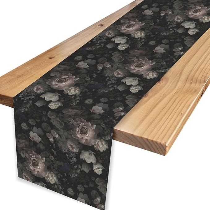 Gothic Floral Table Runner, Black Pink Rose Boho Vintage Art Print Linen Table Center Decor Family Kitchen Outdoor Farmhouse Holiday Party Table Decorations 13x90 inch