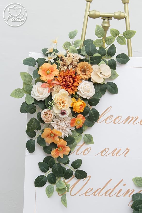Pack of 2 Wedding Arch Decorations Artificial Hanging Flowers Floral Swag for Wedding Welcome Sign Backdrop Balloon Arch Home Party Bridal Ceremony Reusable(Orange)