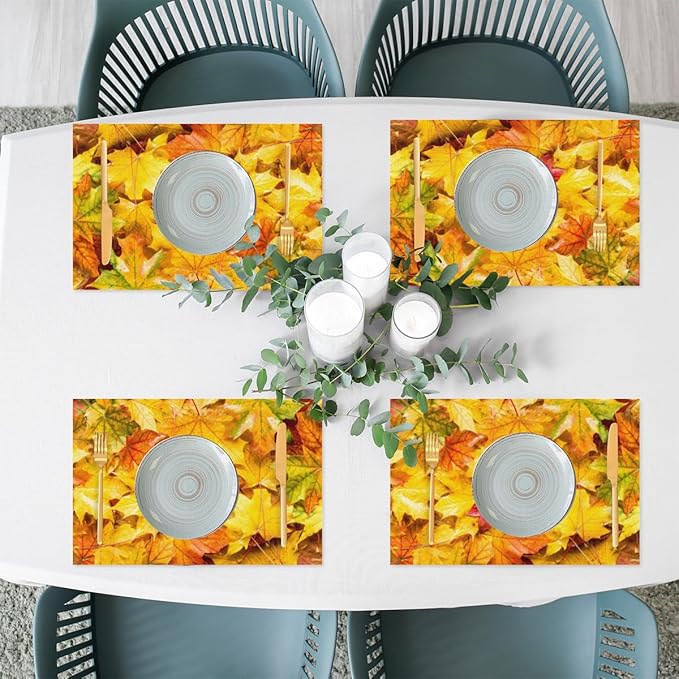 Autumn Maple Leaf Fall Placemats Set of 4 PVC Vinyl Non Slip Table Mats Heat Resistant Place Mats Washable Wipeable Dining Table Mat for Kitchen Decor Party Indoor Outdoor Decorative Gift