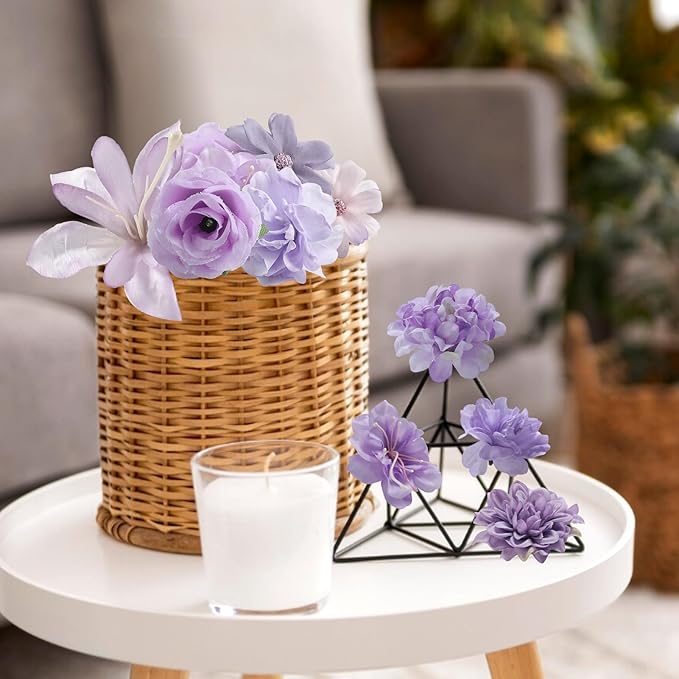 Fake Flower Heads for Crafts - Purple Silk Artificial Roses, Peonies, Daisies & Mini Floral Heads Bulk (48-Pack) for Wedding Decor, Graduation Cap, Cake Topper, Baby Shower, Home Decoration