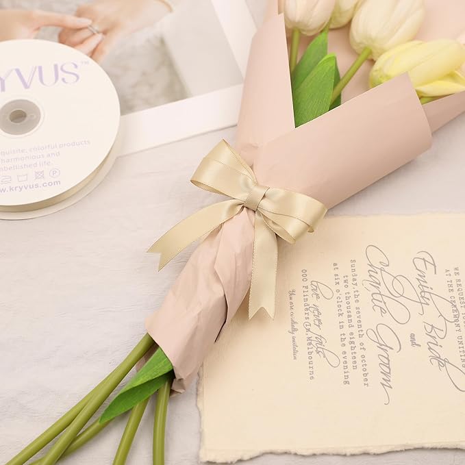 Beige Satin Ribbon, Double Faced 5/8 Inch X 50 Yards Beige Ribbon, Premium Satin Ribbon for Gift Wrapping, Crafts, Hair Bow Making, Sewing, Flower Bouquet, Wedding Party Decor