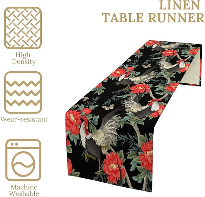 Rooster Floral Table Runner Vintage Farm Chicken Peonies Flower Dinner Runner for Country Farmhouse Home Kitchen Dinner Table Holiday Party Decoration 13x108in