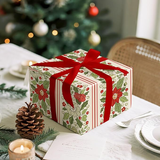 LeZakaa Vintage Poinsettia Christmas Wrapping Paper Roll, Red Poinsettia, Festive Design, for Christmas, Winter Holidays, for Home Decor, Gifts, Women, Mini Roll 17 in x 16.4 Ft