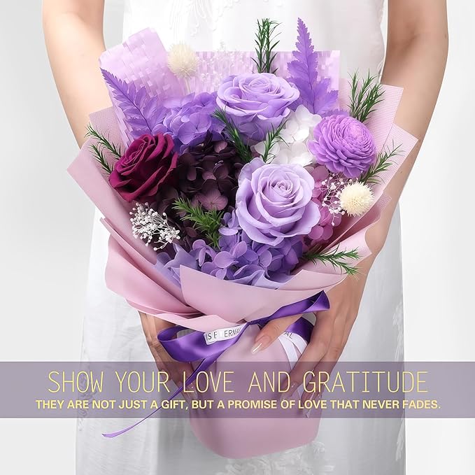 Preserved Flowers for Delivery, Purple Flower Bouquets with Necklace, Forever Real Roses Anniversary Birthday Gifts for Women Mom Wife Girlfriend, Fresh Flowers for Valentines Day Christmas