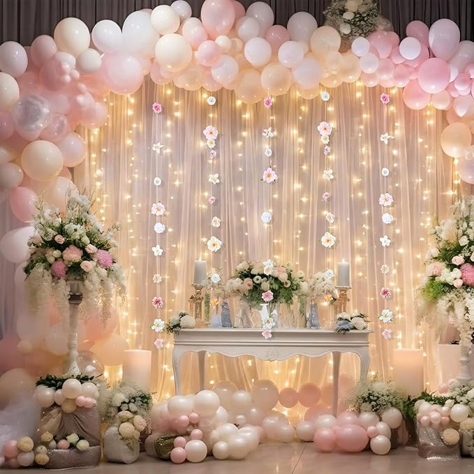 8 Pcs Hanging Flower Garlands White Tulle Backdrop Curtain 10×8ft Sheer Backdrop Curtains Artificial Rose Flowers Hanging Decorations for Birthday Valentines Engagement Wedding Anniversary
