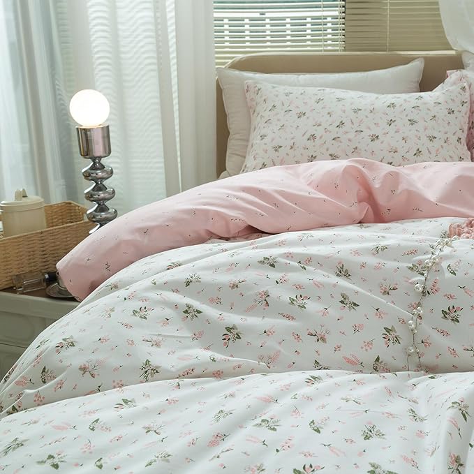 Pink Flower Duvet Cover Full Size Girls Cottage Floral Duvet Cover with 2 Pillowcases Soft 100% Cotton Flower Bedding Set Full Vintage Floral Comforter Cover with Zipper Closure for Girls Women