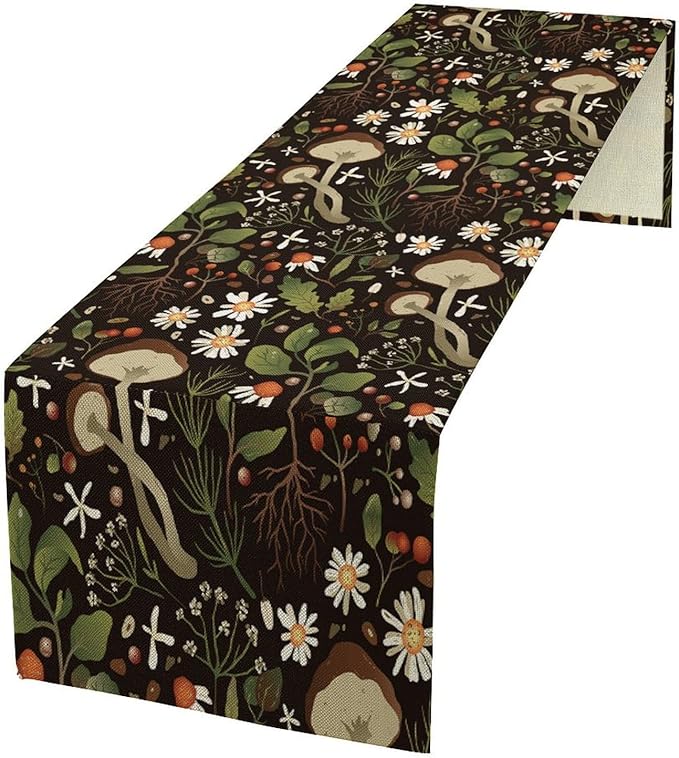 Vintage Mushroom Table Runner Rustic Garden Wildflower Botanical Plants Herbs Spring Summer Seasonal Black Dinner Runner for Kitchen Dining Cabin Home Holiday Party 13x120in