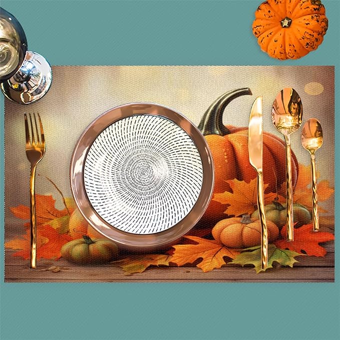 Thanksgiving Fall Pumpkin Placemats Set of 1 PVC Vinyl Non Slip Table Mats Heat Resistant Place Mats Washable Wipeable Dining Table Mat for Kitchen Decor Party Indoor Outdoor Decorative Gift