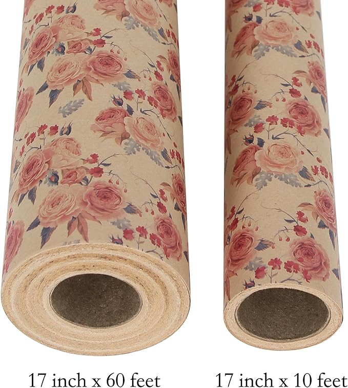 Aimyoo Floral Kraft Wrapping Paper Roll, All Occasion Vintage Flower Gift Wrap for Wedding Birthday Bridal Shower, 17 inch x 10 ft