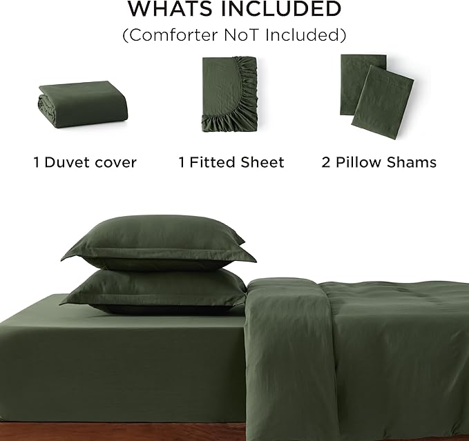 Bedsure Duvet Cover Full Size with Fitted Sheet - 4 Pieces Prewashed Cotton-Like Extra Soft Bedding Set, Includes 1 Duvet Cover 80x90 Inches, 2 Pillow Shams, 1 Fitted Sheet, Olive Green