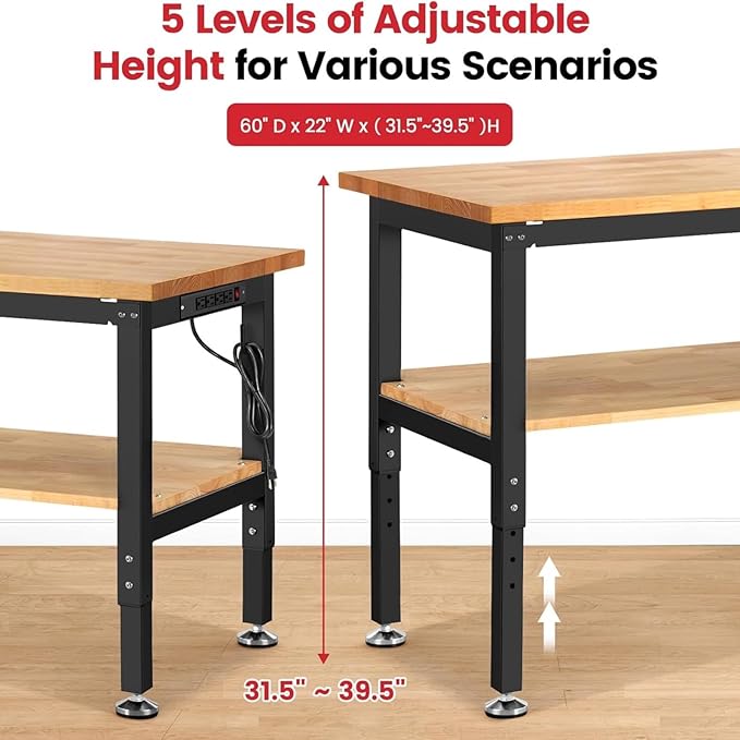 60 Inch Work Bench for Garage Adjustable Height Workbenches with Under Table Shelf Pegboard Pad Power Outlets Work Table for Woodworking, Home, Office, Workshop