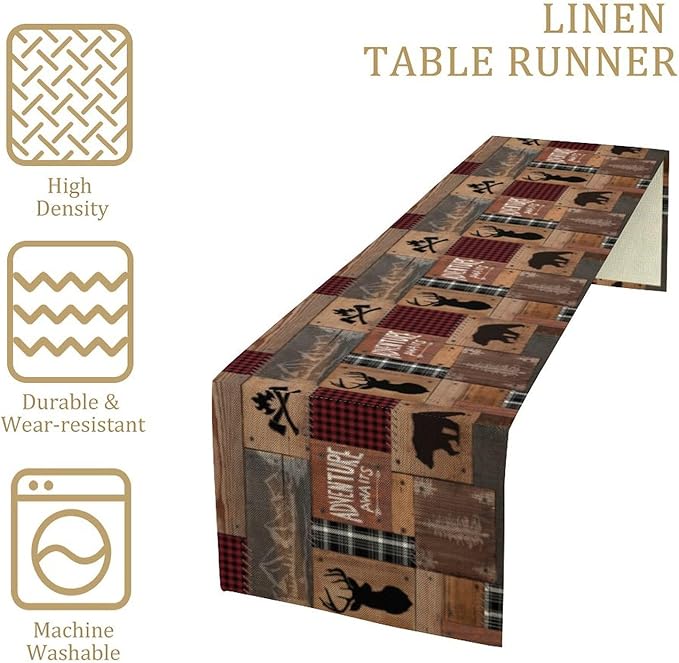 Rustic Cabin Moose Deer Bear Table Runner, Retro Bear Cottage Country Style Cabin Farmhouse Dinner Runner for Home Kitchen Dining Table Decoration 13"x70"