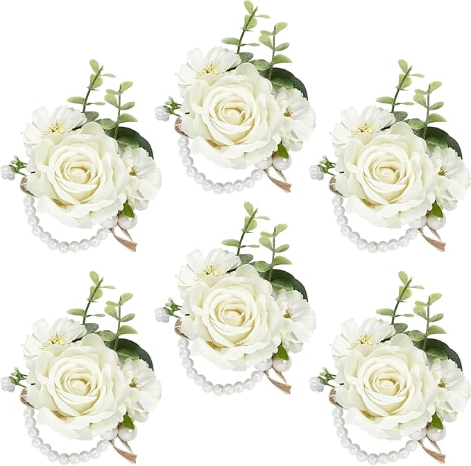 Serwalin 6 PCS Ivory Rose Wrist Corsages for Wedding, Corsages for Prom Homecoming Party Corsage Hand Decor for Bride Bridesmaids, Mother of Bride and Groom