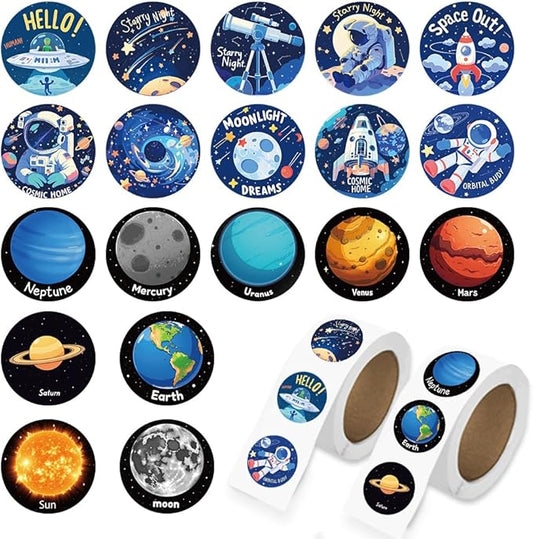 1000 Pcs Outer Space Stickers Bulk 2 Roll 1 Inch Galaxy Astronaut Stickers for Kids Classroom Boys Girls School .Space Theme Classroom Decor Sticker Gift for Party Favors Book Water Bottles Laptop
