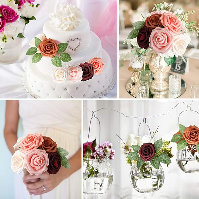AmyHomie Artificial Flower Shades of Burgundy Rose 25pcs Real Looking Fake Roses w/Stem for DIY Wedding Bouquets Centerpieces Arrangements Party Baby Shower Valentines Day Christmas Tree Decorations