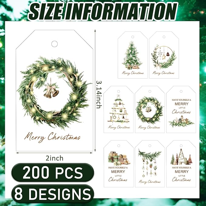 200 Pcs Christmas Gift Tags with String Christmas Natural Holiday Gift Name Tags to Personalize Xmas Presents Gifts Decoration for DIY Wrapping Crafts Party Favors(Wreath)