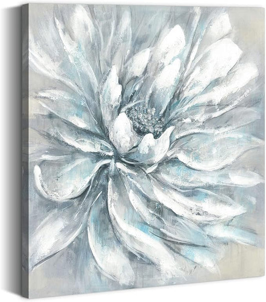 summer melody Abstract Flower Canvas Wall Art: Elegant White Modern Floral Painting Contemporary Blue Silver Peony Picture Gray Nature Botanical Prints Gallery Artwork for Bedroom