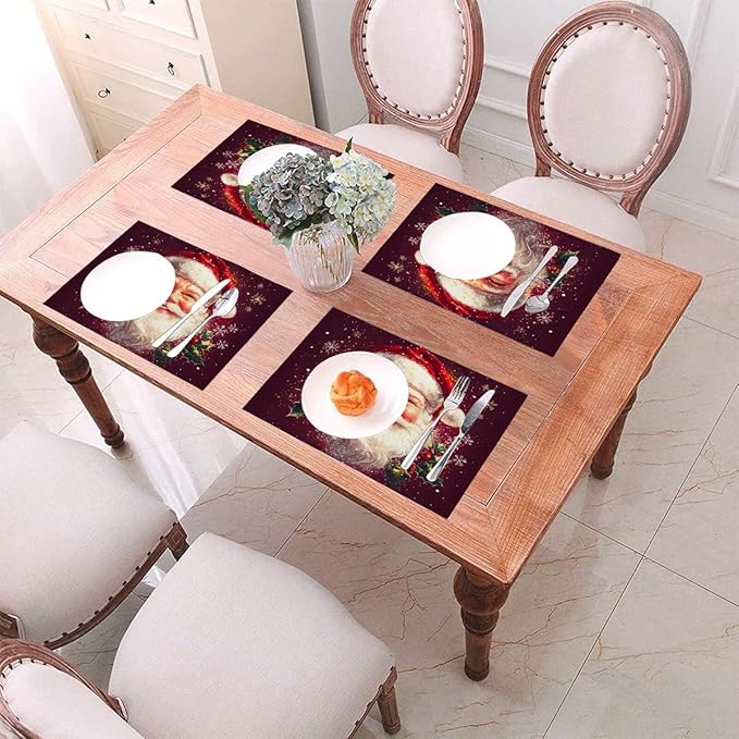 PVC Placemats Set of 6 Wipeable Table Mats Washable Heat Resistant Non Slip Vinyl Dining Table Mat for Kitchen Indoor Outdoor Patio Farmhouse Place Mats Santa Claus Red Xmas Decorative