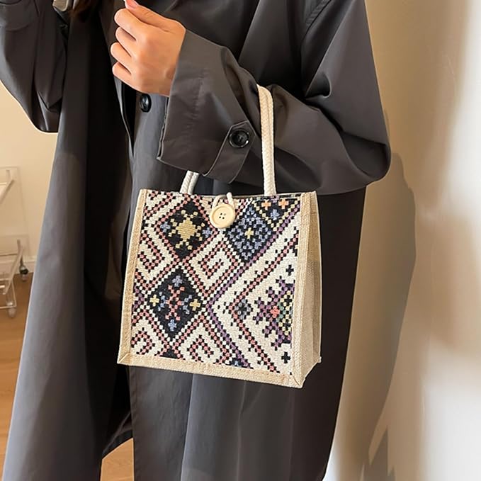 Women Tote Bag,2Pcs Jute Casual Tote's Handbag Embroidered Personalized Bento Bag,Reusable Grocery Bags Shopping Bags