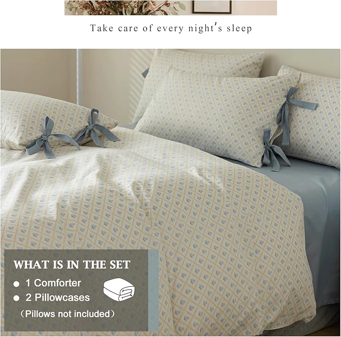 VM VOUGEMARKET Blue Flower Comforter Set Twin White Blue Grid Comforter with 2 Bow Ties Pillowcases Cute Botanical Cottagecore Bedding Sets for Teen Girls-Twin XL