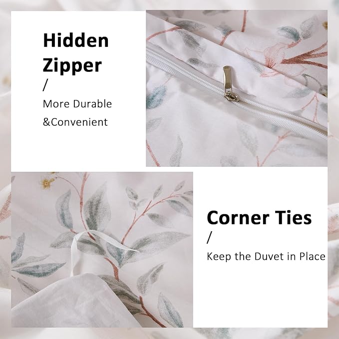 Duvet Cover Set Queen Size 3-PC Chic Garden Floral Ultra Soft 100% Long Staple Cotton Comforter Cover, Reversible Breathable Duvet Cover with Zipper Closure, Lightweight, All Season