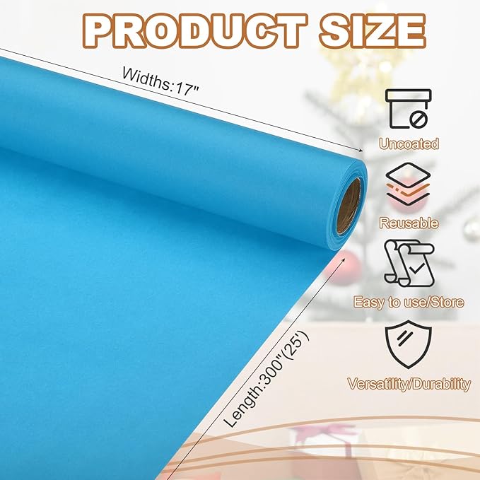 PATIKIL Wrapping Paper, 17" x 300"(25') 70 GSM Craft Paper Roll Kraft Packing Paper for Poster Bulletin Board, Gift Wrapping, Light Blue
