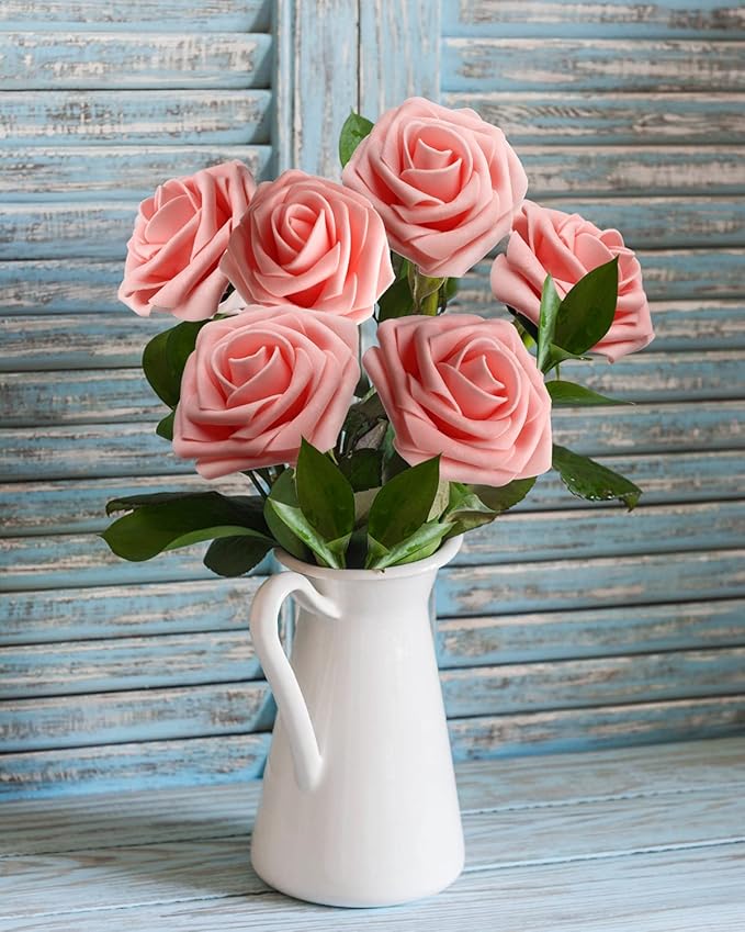 JOYLEX Artificial Flowers Realistic Roses, 50pcs Real Looking Fake Roses with Stem for DIY Wedding Bouquets Centerpieces Bridal Shower Party Home Romantic Decorations (Regular 3" - 50pcs, Pink)
