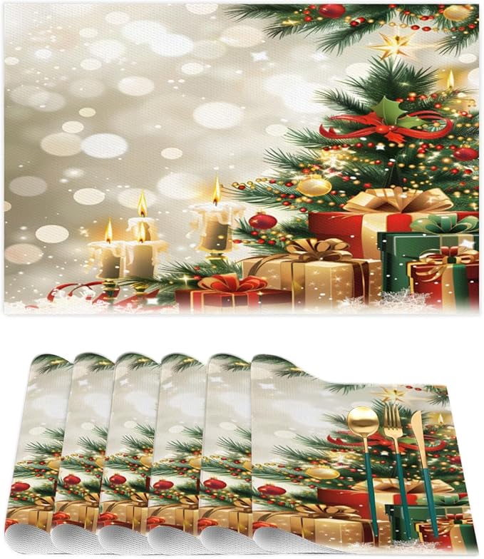 Xmas Christmas Tree Green Placemats Set of 1 PVC Vinyl Non Slip Table Mats Heat Resistant Place Mats Washable Wipeable Dining Table Mat for Kitchen Decor Party Indoor Outdoor Decorative Gift