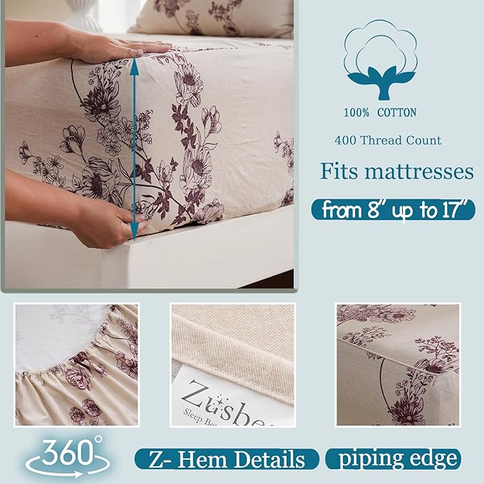Zusbest Full Size Sheets 100% Percale Cotton Red Floral Bed Sheet, Brushed for Extra Softness, Breathable Luxury Toile Flannel Like Sheets Shabby Vintage Deep Pocket Bed Set 17.5'' 4 Pcs