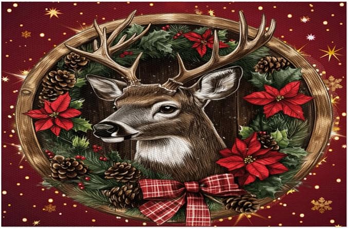 Xmas Christmas Reindeer Poinsettia Red Placemats Set of 4 PVC Vinyl Non Slip Table Mats Heat Resistant Place Mats Washable Wipeable Dining Table Mat for Kitchen Party Indoor Outdoor Decorative Gift