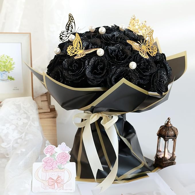 Glitter Roses Bouquet, Shiny Artificial Flowers with Stems DIY Fake Glitter Flowers Bouquet for Valentine's Day, Mother's Day, Anniversary, Graduation, Birthday, 24 Roses (Black)