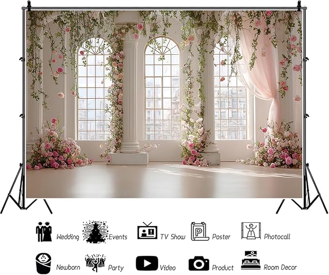 Baocicco Pink Palace Backdrops 12x10ft White and Pink Windowsills Botanical Background Princess Birthday Party Banner Supplies Wedding Ceremony Anniversary Engagement Banner Photo Booth Studio Prop