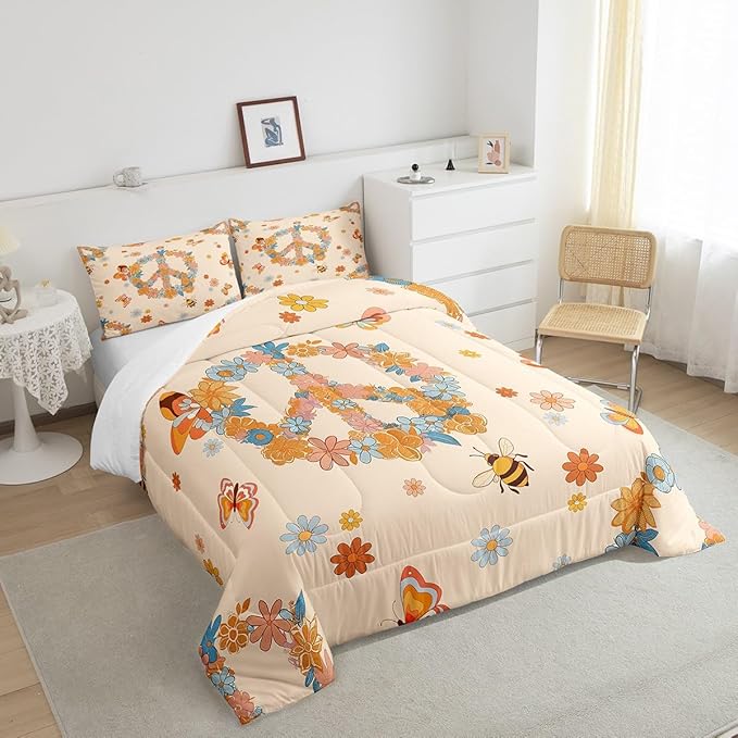 Retro 70s 60s Hippie Bedding Set King Size,Groovy Flowers Butterfly Honeybee Comforter Set Room Decor for Couple,Floral Peace Symbol Microfiber Down Comforter,2 Pillowcases