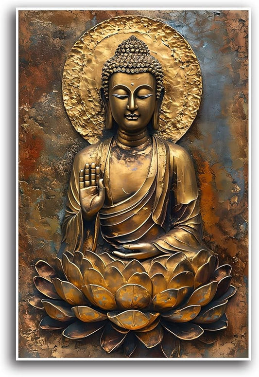 Buddha Wall Art Golden Buddha in Lotus Seat Serene spiritual statue radiant aura Meditation and mindfulness wall art suitable for sacred spaces 32x48in Frameless