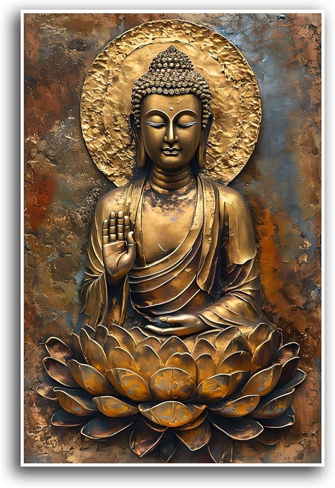 Buddha Wall Art Golden Buddha in Lotus Seat Serene spiritual statue radiant aura Meditation and mindfulness wall art suitable for sacred spaces 12x18in Frameless