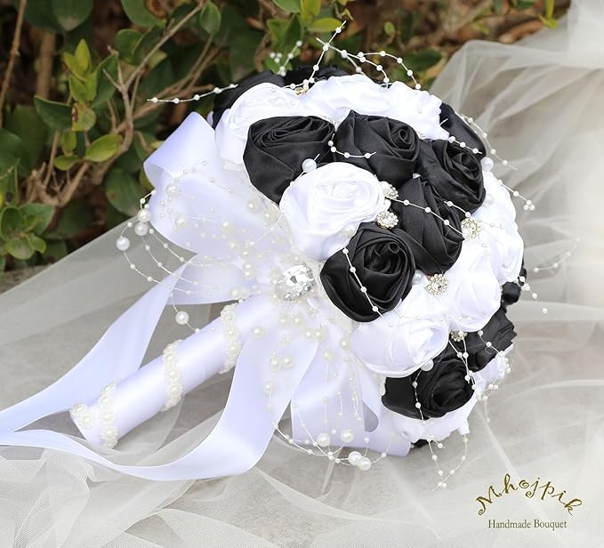 Bridal Wedding Bouquet Round Bling Brooch Bouquet Throw Toss Artificial Rose Flower Bunch for Bride Bridesmaid Wedding Quinceanera(White & Black, 9.8")