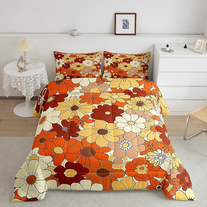 Castle Fairy Bohemian Flowers Comforter Set Full Size,70s Vintage Floral Bedding Comforters Room Decor,Hippie Retro Groovy Botanical Quilt Set with 2 Pillowcases,Teens Present