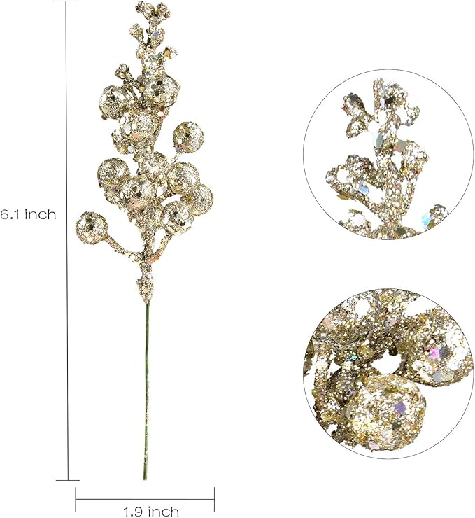 DearHouse 14 Pack Christmas Glitter Berries Stems, 7.7 Inch Champagne Artificial Christmas Picks for Christmas Tree Ornaments, DIY Xmas Wreath, Crafts, Holiday and Home Decor