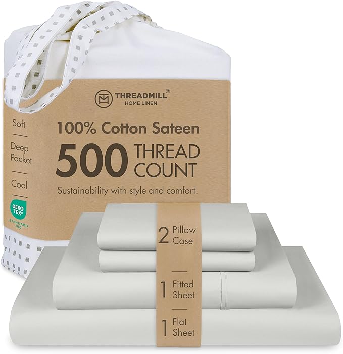 Threadmill Cotton Queen Sheet Set, 500 Thread Count Bed Sheets, 100% Cotton Sheets Set for Queen Size Bed, Smoother Than Egyptian Cotton Claims, 4 Pc Set with Deep Pockets, Light Grey