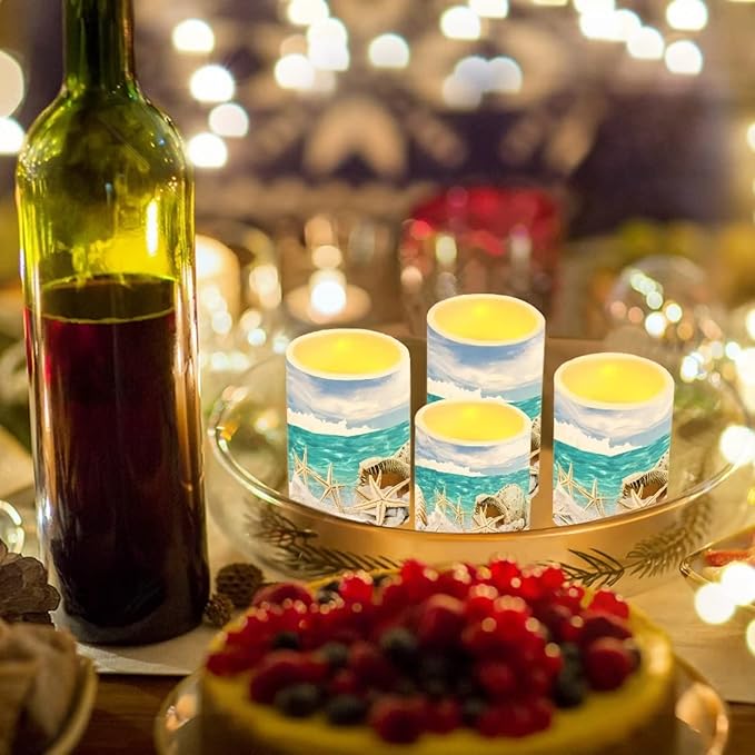 LED Flickering Candles Battery Operated Candles Set of 4 with Remote Control Timer Dancing Flame Pillar Candles Home Table Coastal Decoration, Beach Sky with Starfish