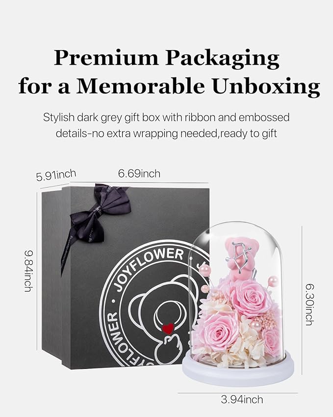 JoyFlower Preserved Flowers with Teddy Bear, Unique Pearl Roses Birthday Gifts for Women, Eternal Flower Rose Bear with Gift Box for Mom Girlfriend Wife on Valentine's, Mother's Day, Anniversary(Pink)