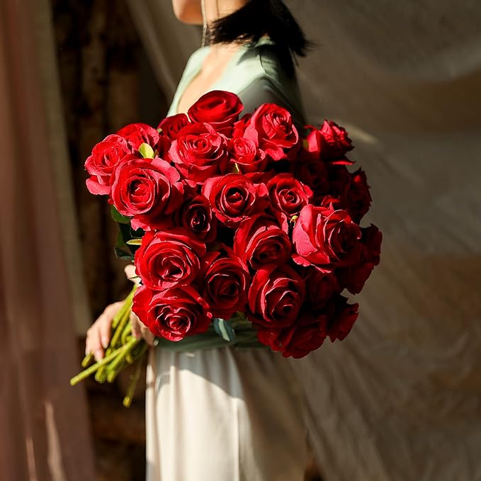 8PCS Artificial Silk Roses in Bulk & Bouquet Long Stem – Realistic Fake Roses for Wedding Centerpieces, Home Decor, Floral Arrangements, Party Decoration (Red)