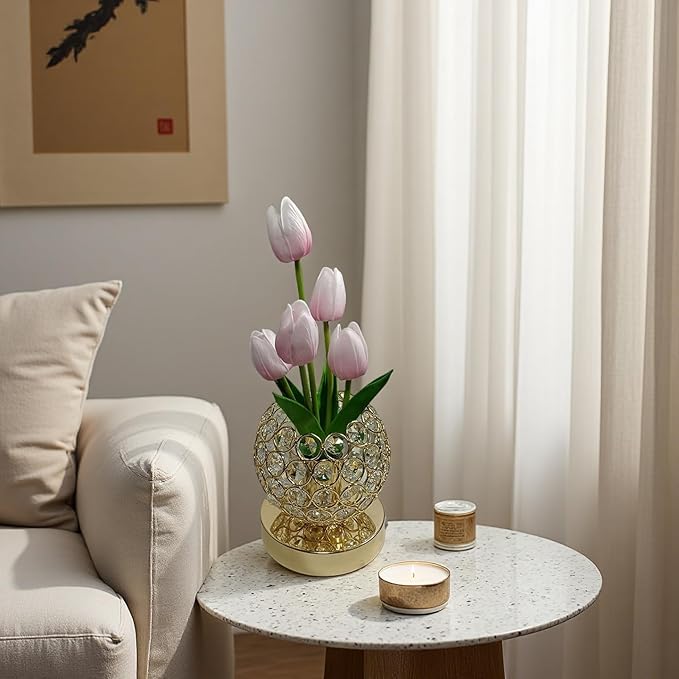 Cordless Tulip Flower Lamps, 3 Colors Touch Stepless Dimming Crystal Night Light, Rechargeable Artificial LED Flower with Vase Lamp Romantic Decor for Mothers Day,Xmas,Birthday (Pink)